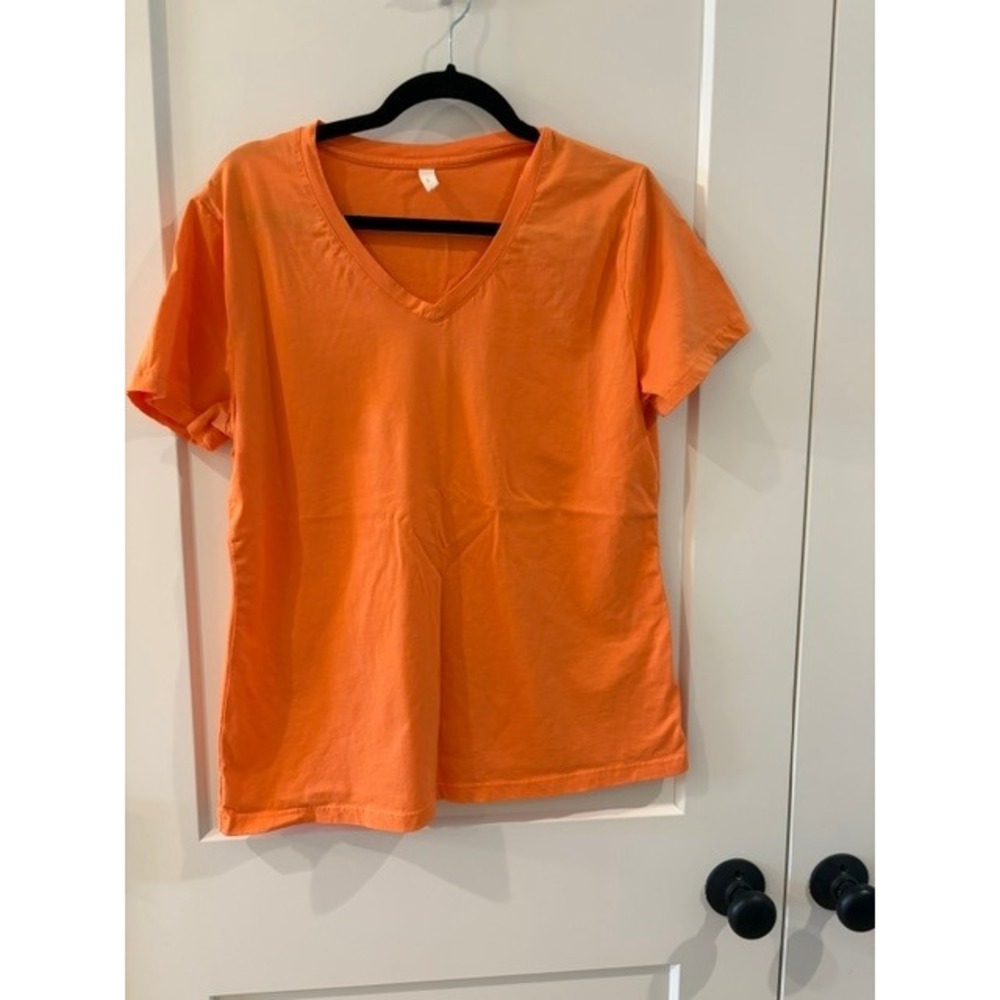 Womens Orange V Neck Short Sleeve Basic T-Shirt Size Large